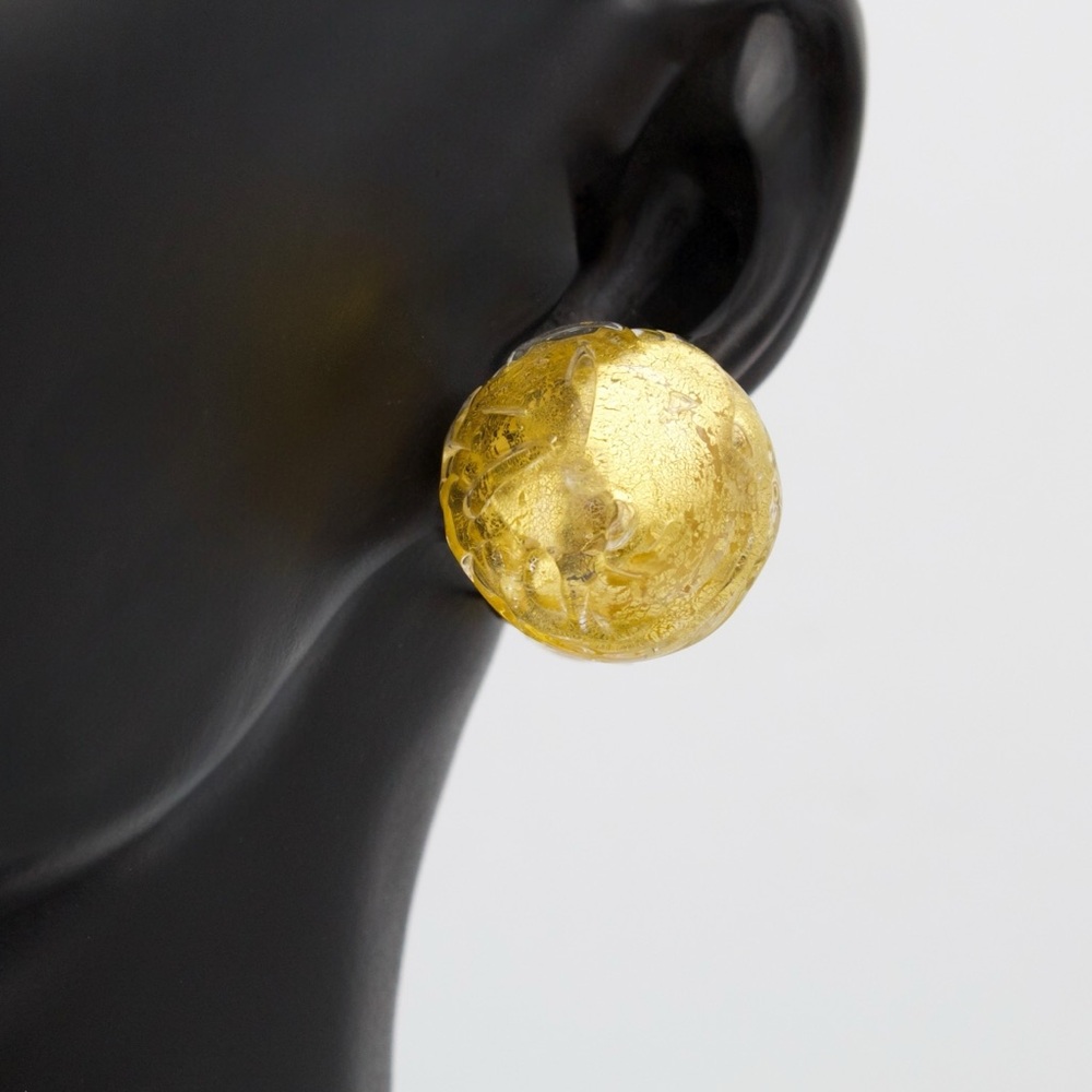 Vintage Murano Glass Clip On Earrings Gold Tone Foil Round Button Style